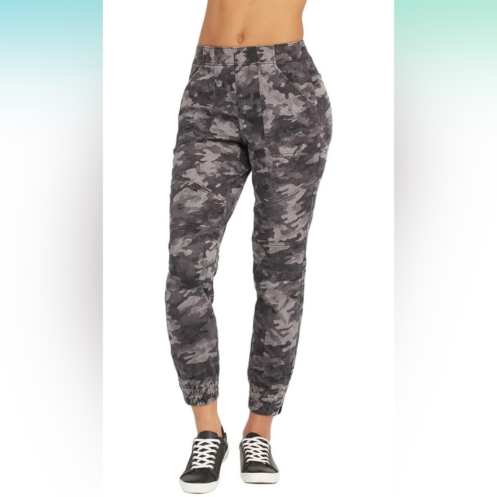 Spanx Black and Gray Camo Jogger zipper Ankle Elastic Waist Band Pants S